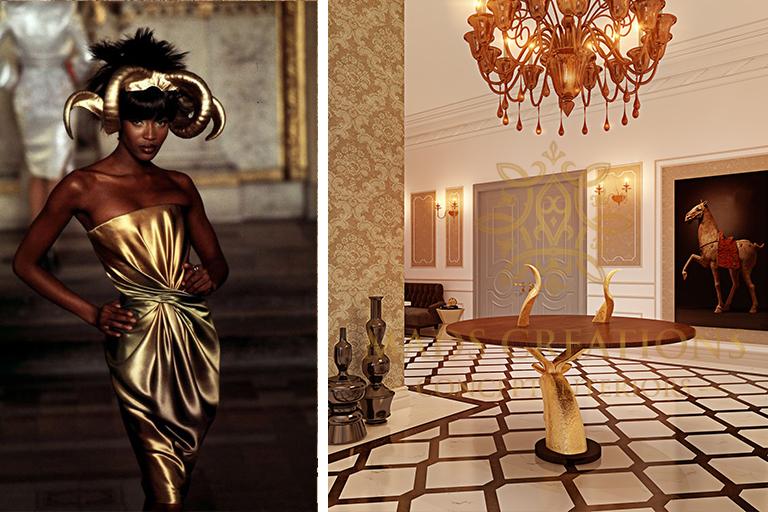 Left: Golden Horns from Alexander Mcqueen’s Runway Show. Right: Eye-Catching Detail on our Statement Round Table